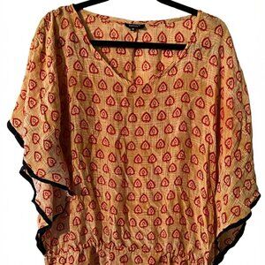Tolani Silk Kaftan Tunic Top Red Geometric Heart Print Cinched Waist Medium